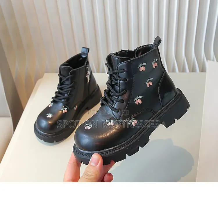 Girls' Floral Boots. Cream and Black. Sizes 29-36. Delivery Available!
