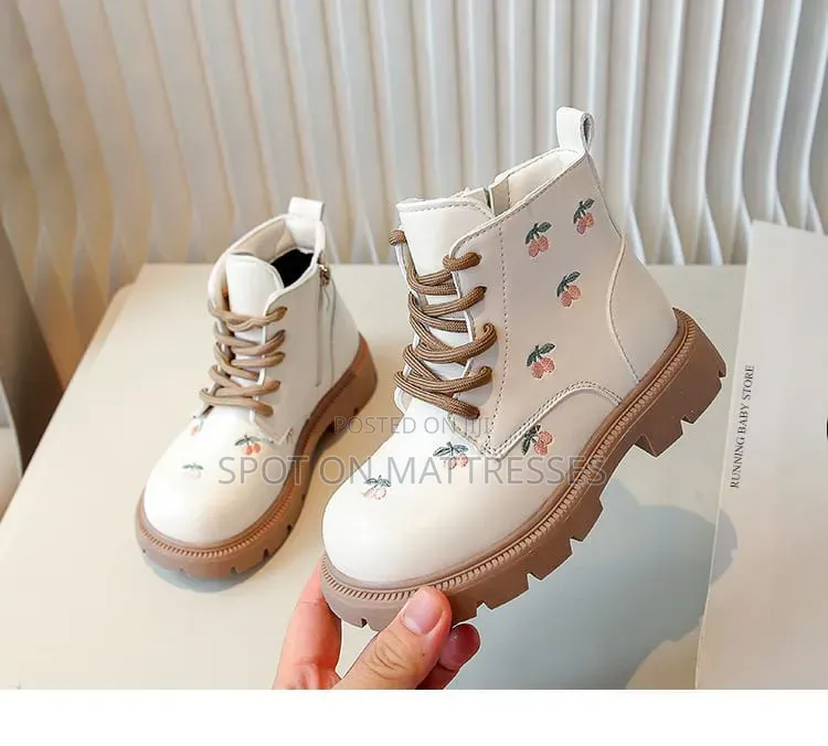 Girls' Floral Boots. Cream and Black. Sizes 29-36. Delivery Available!