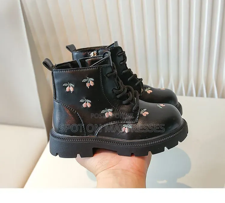 Girls' Floral Boots. Cream and Black. Sizes 29-36. Delivery Available!