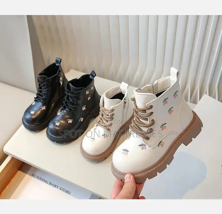 Girls' Floral Boots. Cream and Black. Sizes 29-36. Delivery Available!