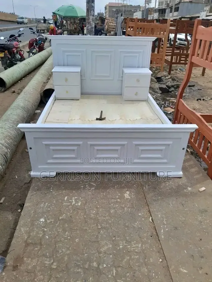 Modern 5x6 White Panel Bed Frame With 2 Matching Nightstands