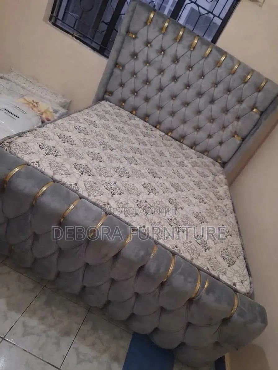 Executive Grey Velvet Bed Frame With Gold Accents - 5x6