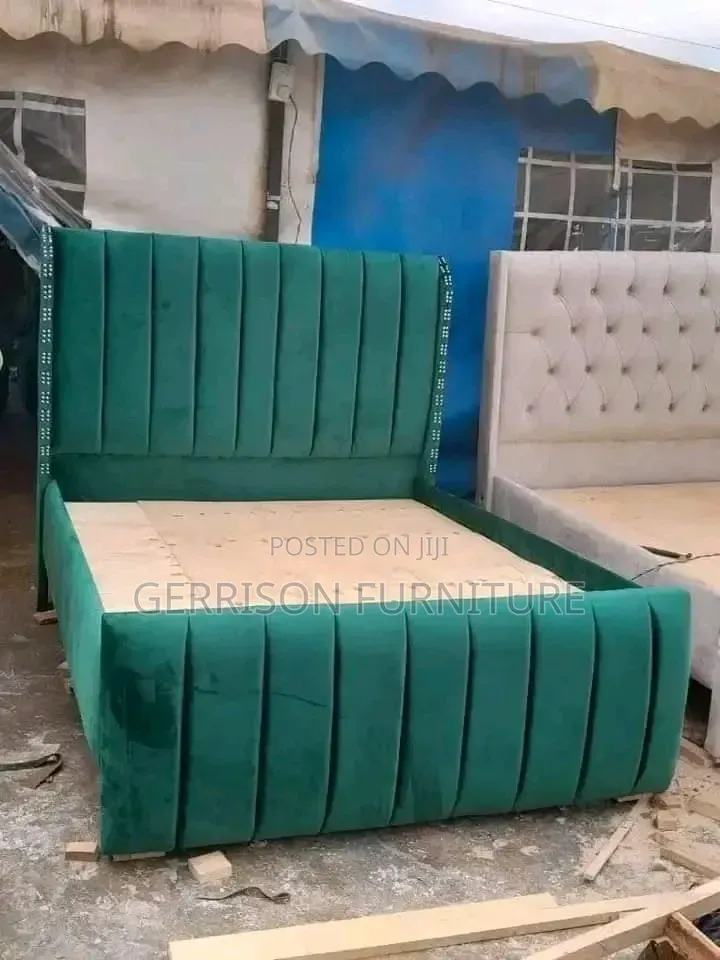 Modern 5x6 Wingback Bed Frame in Green Velvet Fabric