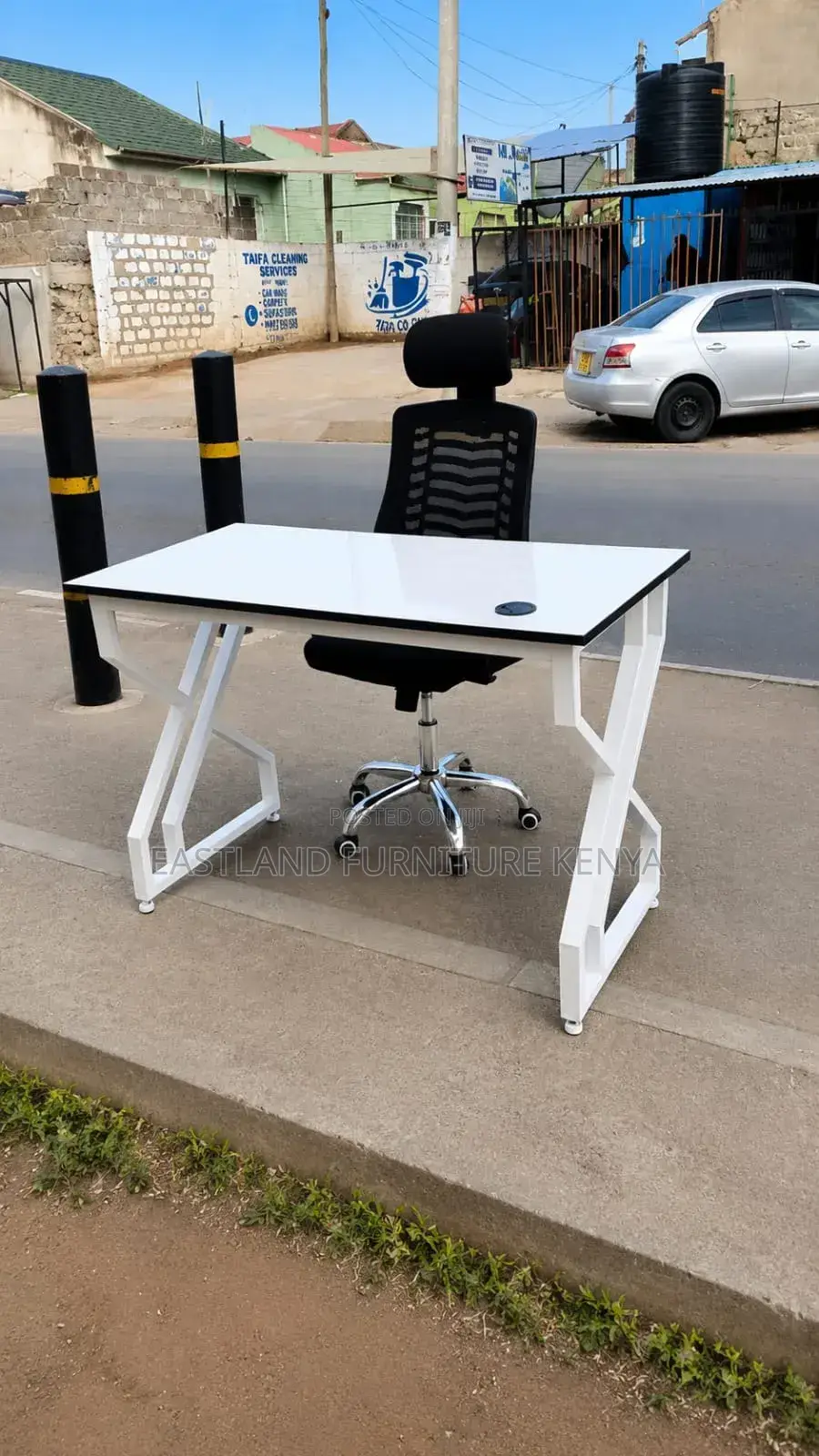 Study Table and Chair Set - White Metal Frame Desk for Office Use