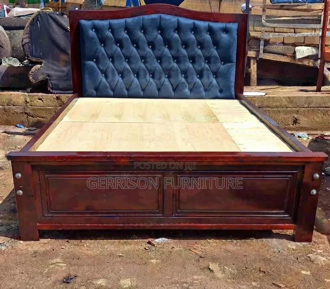 Luxury 5x6 Mahogany Bed Frame With Dark Blue Tufted Velvet