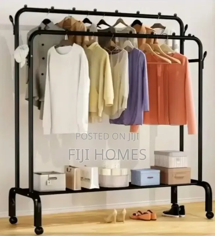Double Pole Clothing Rack With Wheels Storage Shelf | 110x40x150cm
