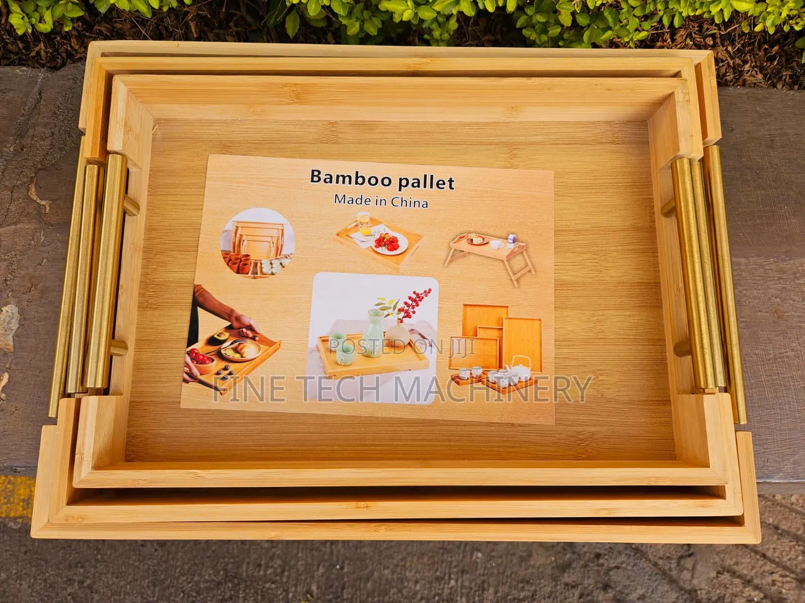 High Quality Gold Handle Bamboo Serving Tray 3pcs