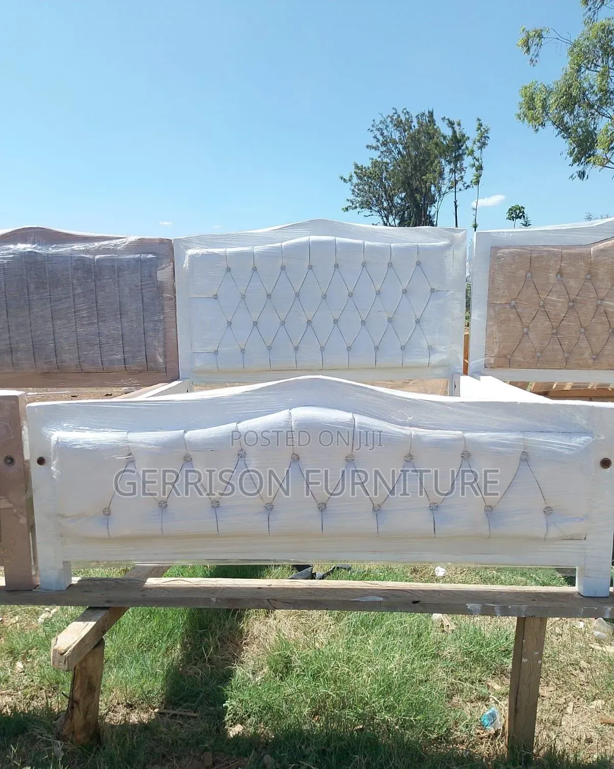 Elegant 5x6 White Wooden Bed Frame With Tufted Leatherette Panels