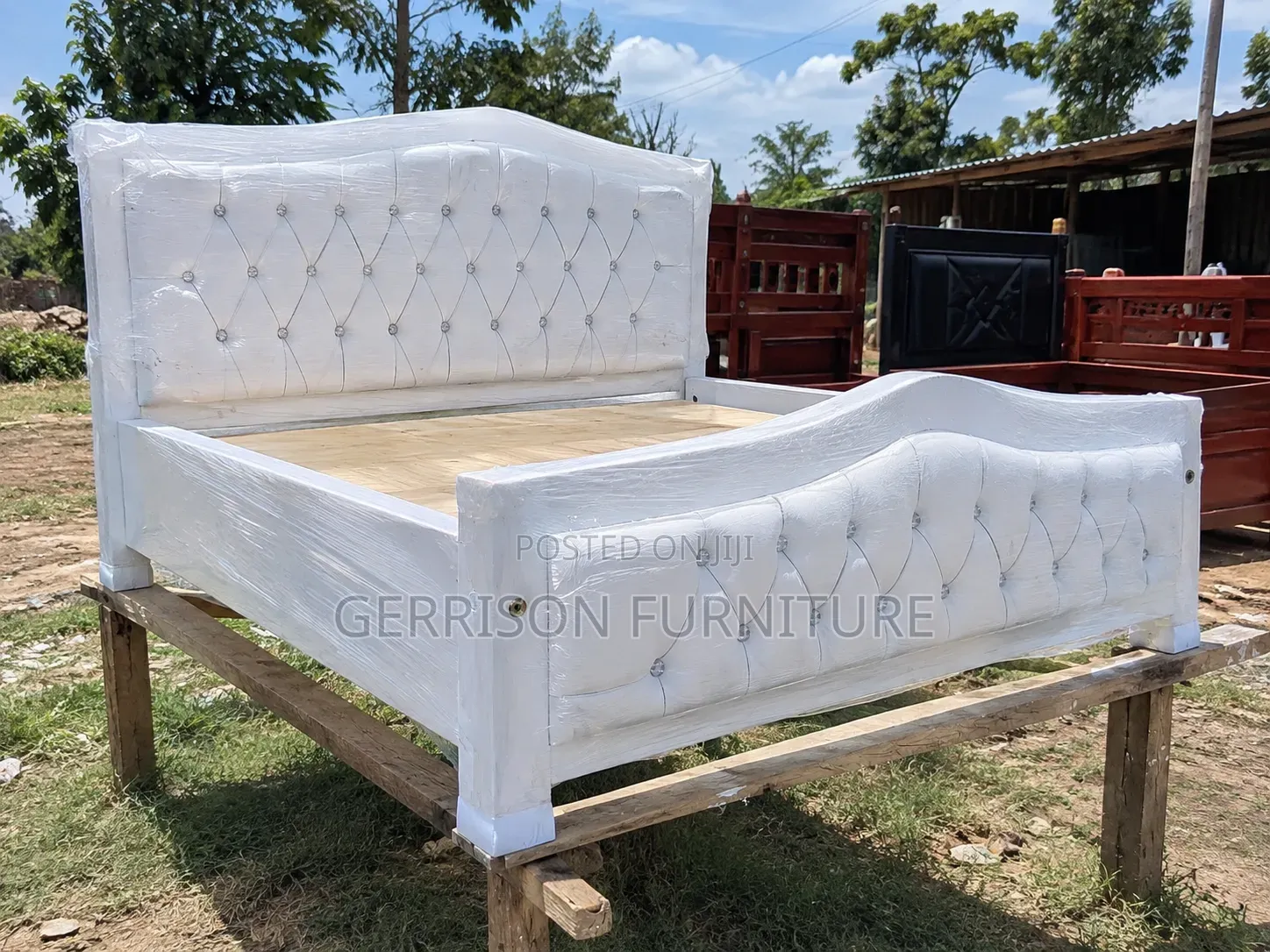 Elegant 5x6 White Wooden Bed Frame With Tufted Leatherette Panels