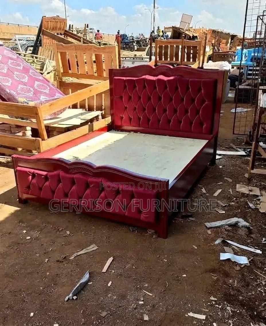 Luxury 5x6 Mahogany Bed Frame With Maroon Tufted Velvet