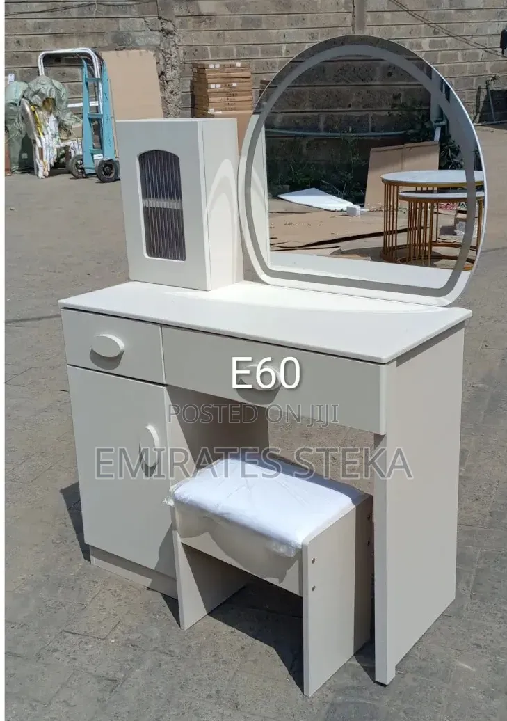 Pure White Dressing Table With a Stool and a Mirror With Lights