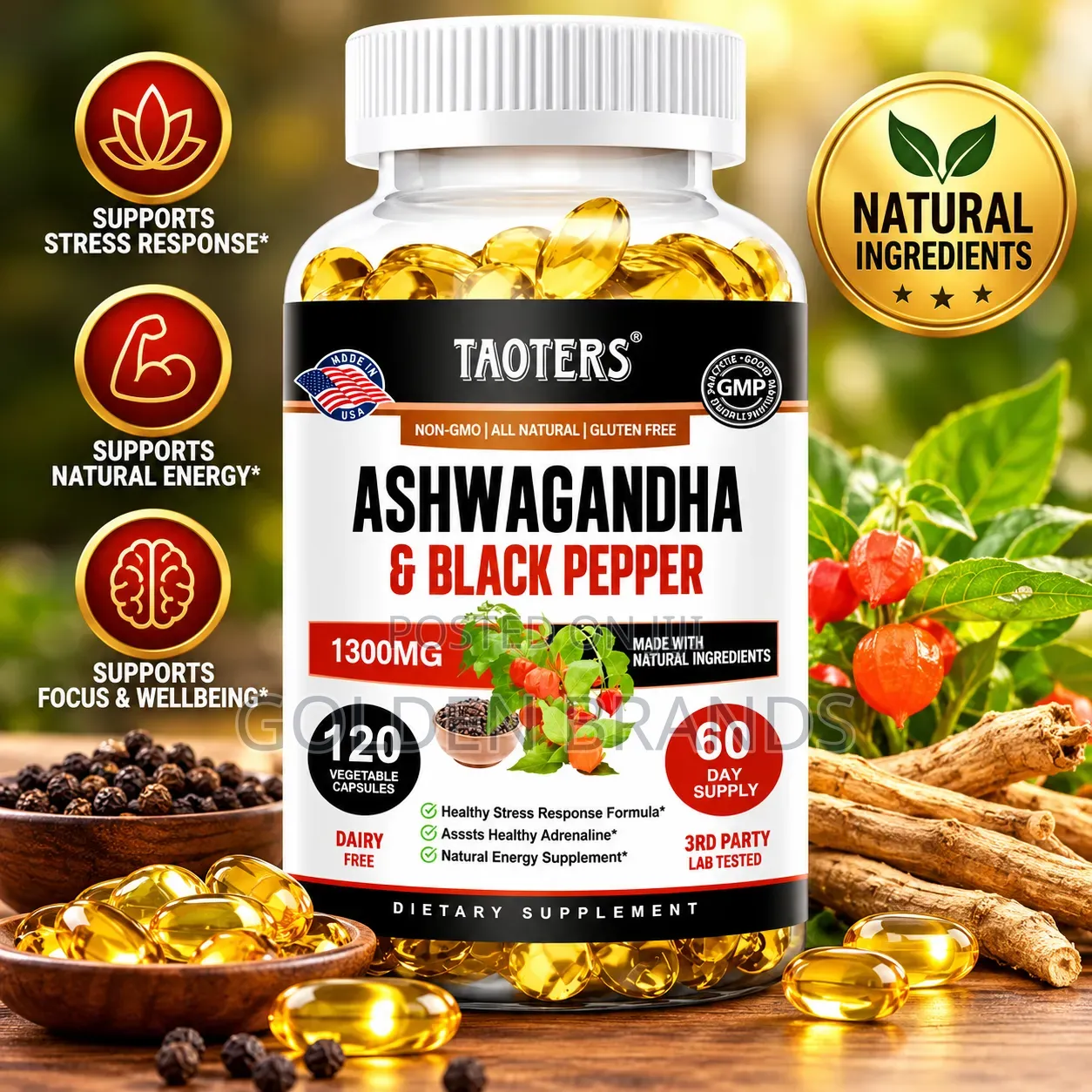 Ashwagandha Black Pepper 1300mg–Stress, Energy Focus Support 120 P