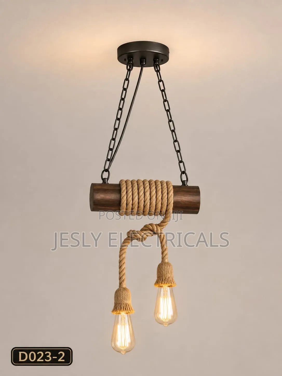 Industrial Double-Bulb Hemp Rope and Wood Pendant