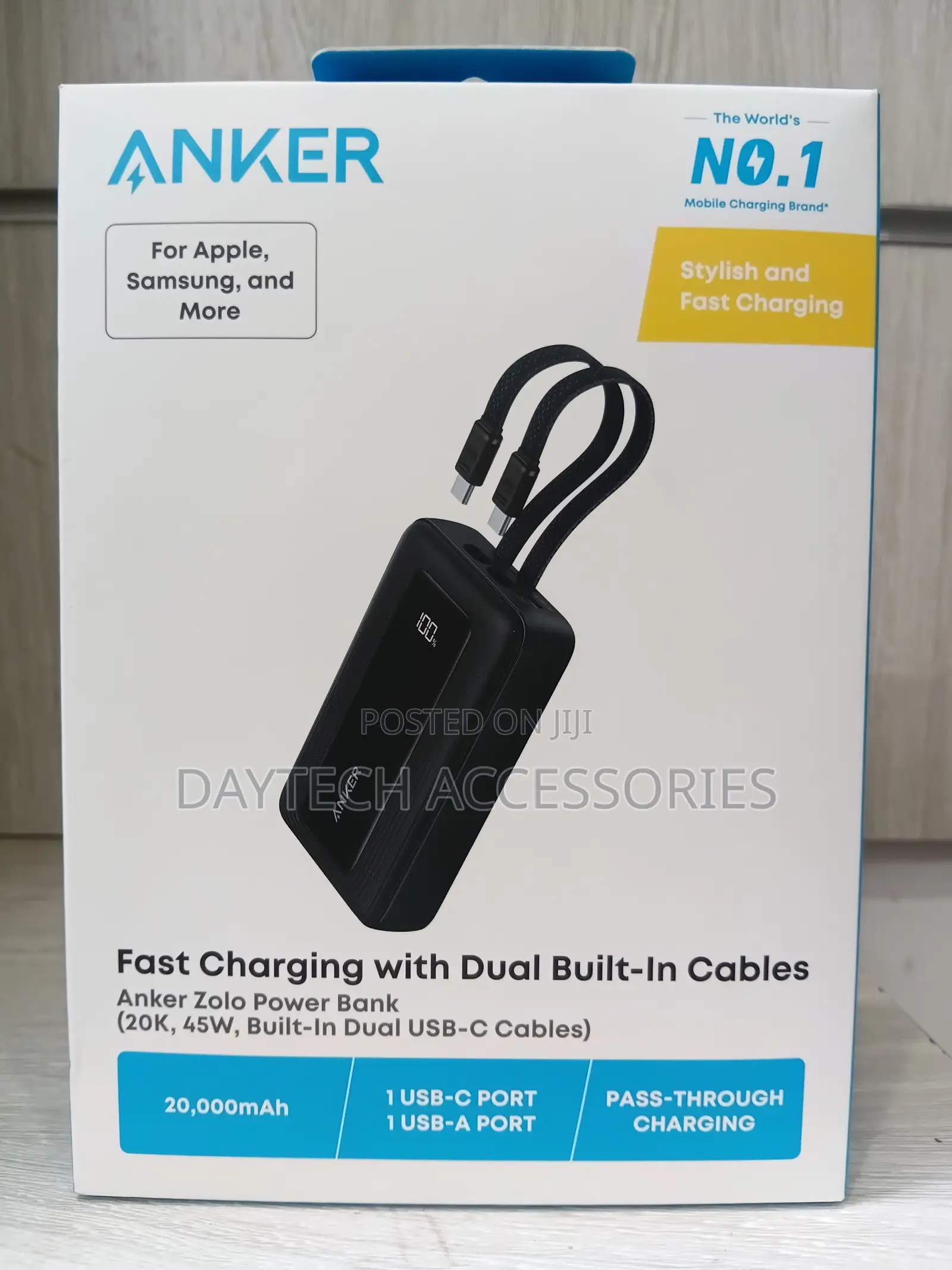 Anker Zolo Power Bank 20,000mAh 45W Dual Built-in USB-C Cables - Black