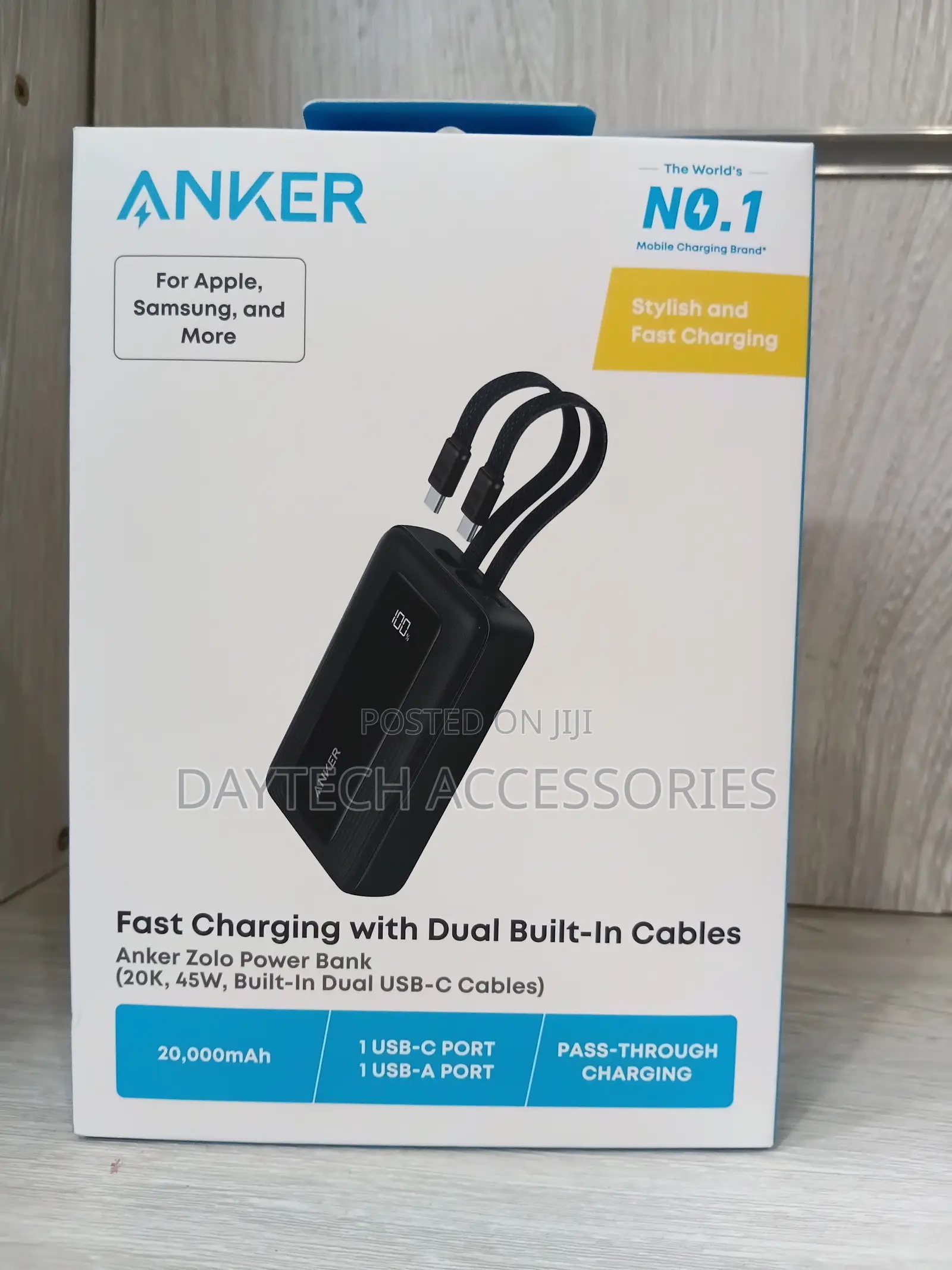 Anker Zolo Power Bank 20,000mAh 45W Dual Built-in USB-C Cables - Black