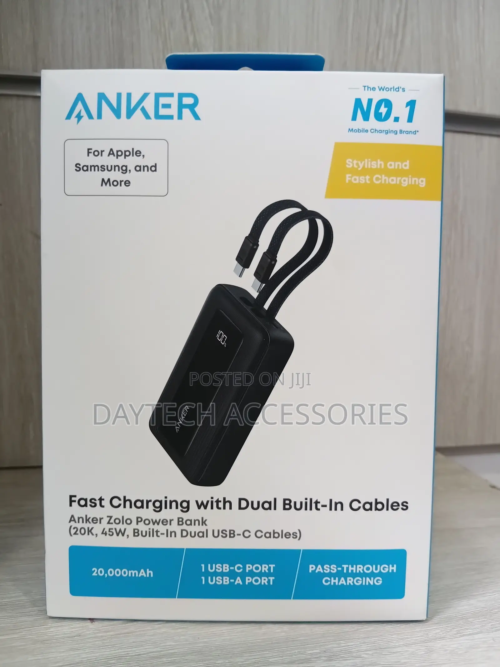 Anker Zolo Power Bank 20,000mAh 45W Dual Built-in USB-C Cables - Black