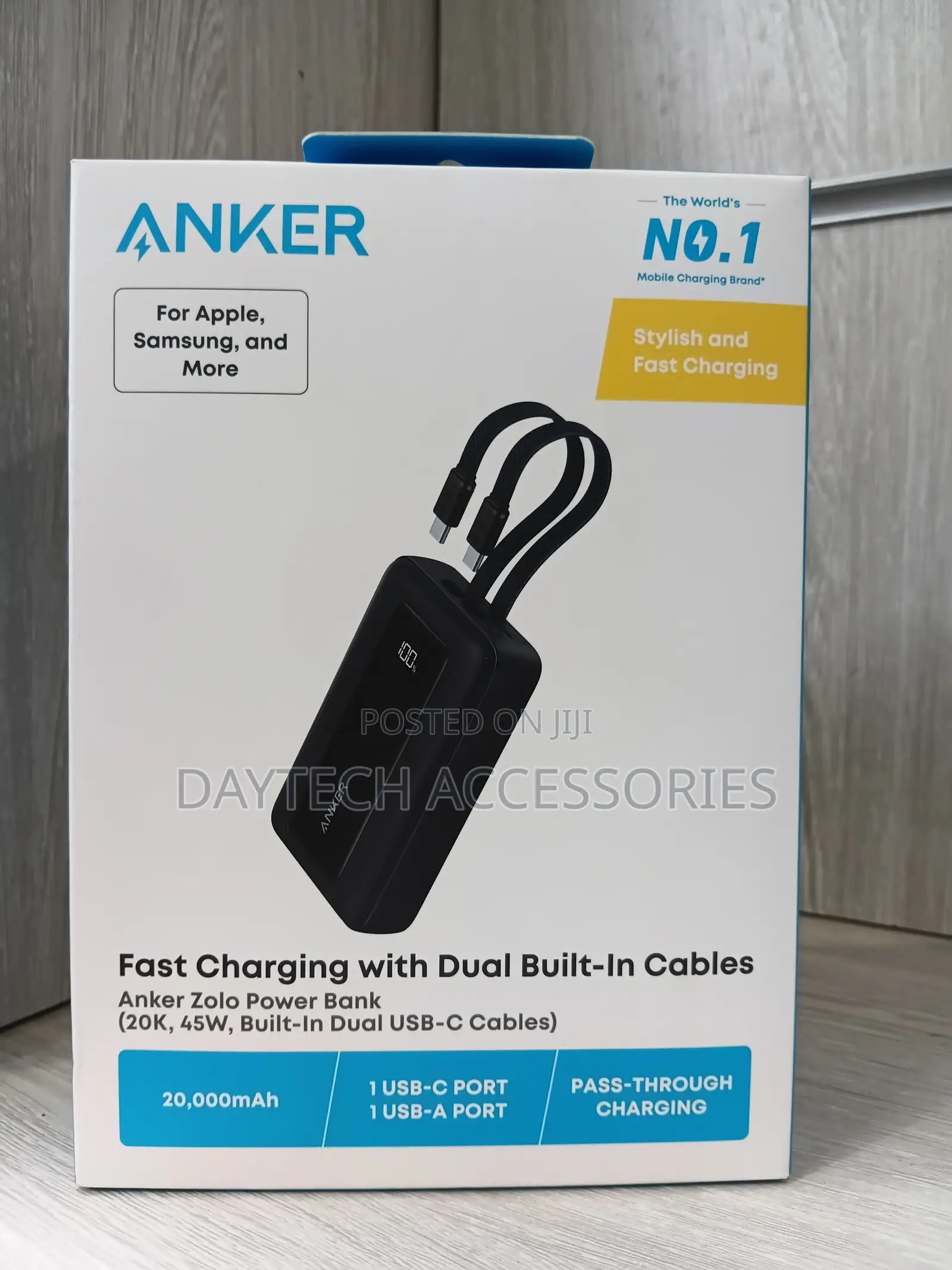 Anker Zolo Power Bank 20,000mAh 45W Dual Built-in USB-C Cables - Black