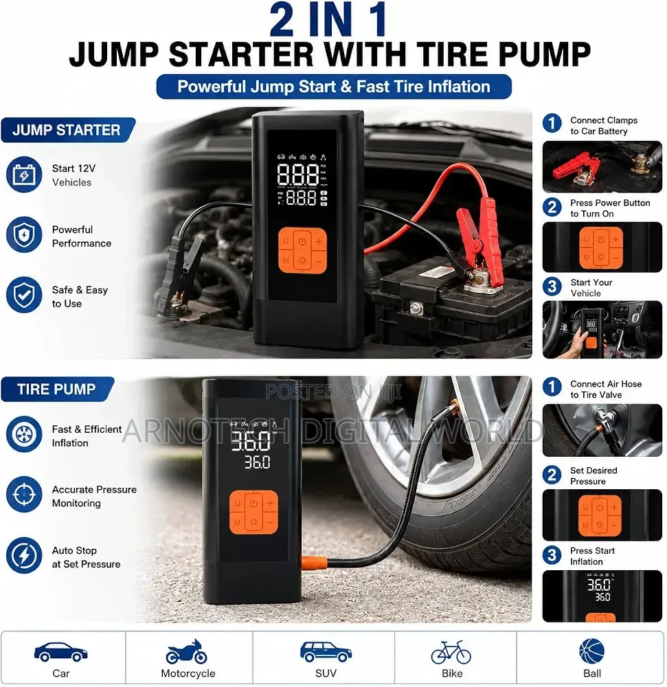 2in1Portable Car Jump Starter With Digital Tire Inflator