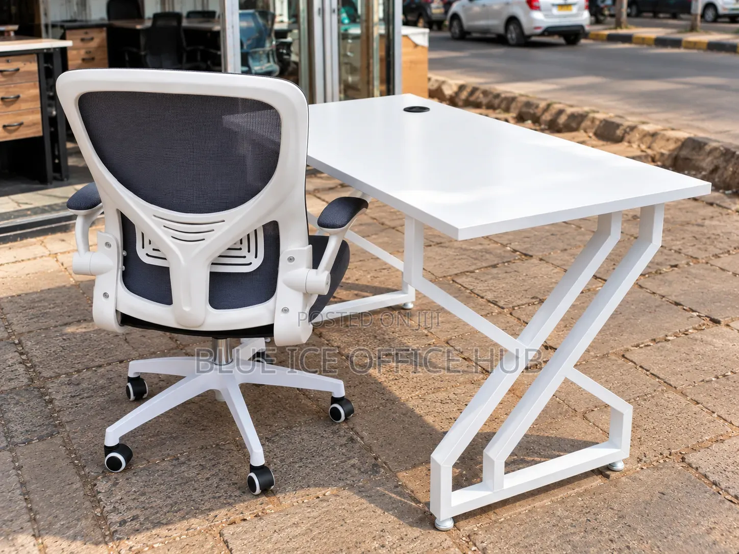 Modern White Office Desk With Stylish X-Leg Frame Cable Management.