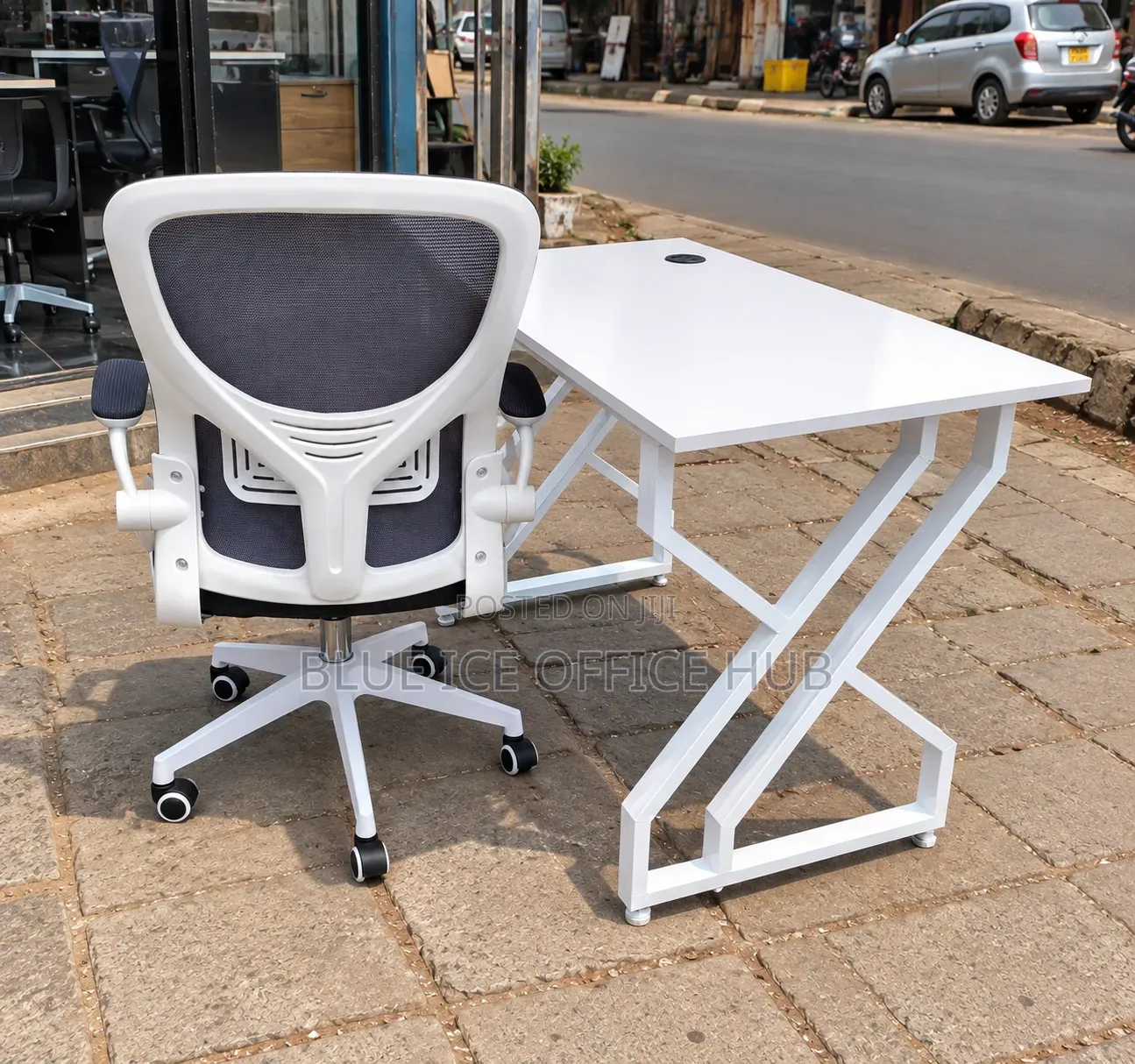 Modern White Office Desk With Stylish X-Leg Frame Cable Management.