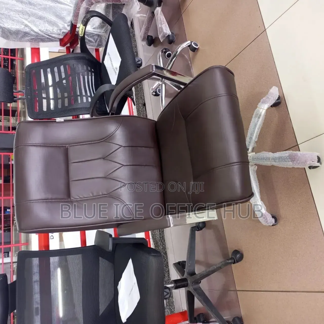 Executive High Back Office Chair – Brown Leather With Chrome Arms.