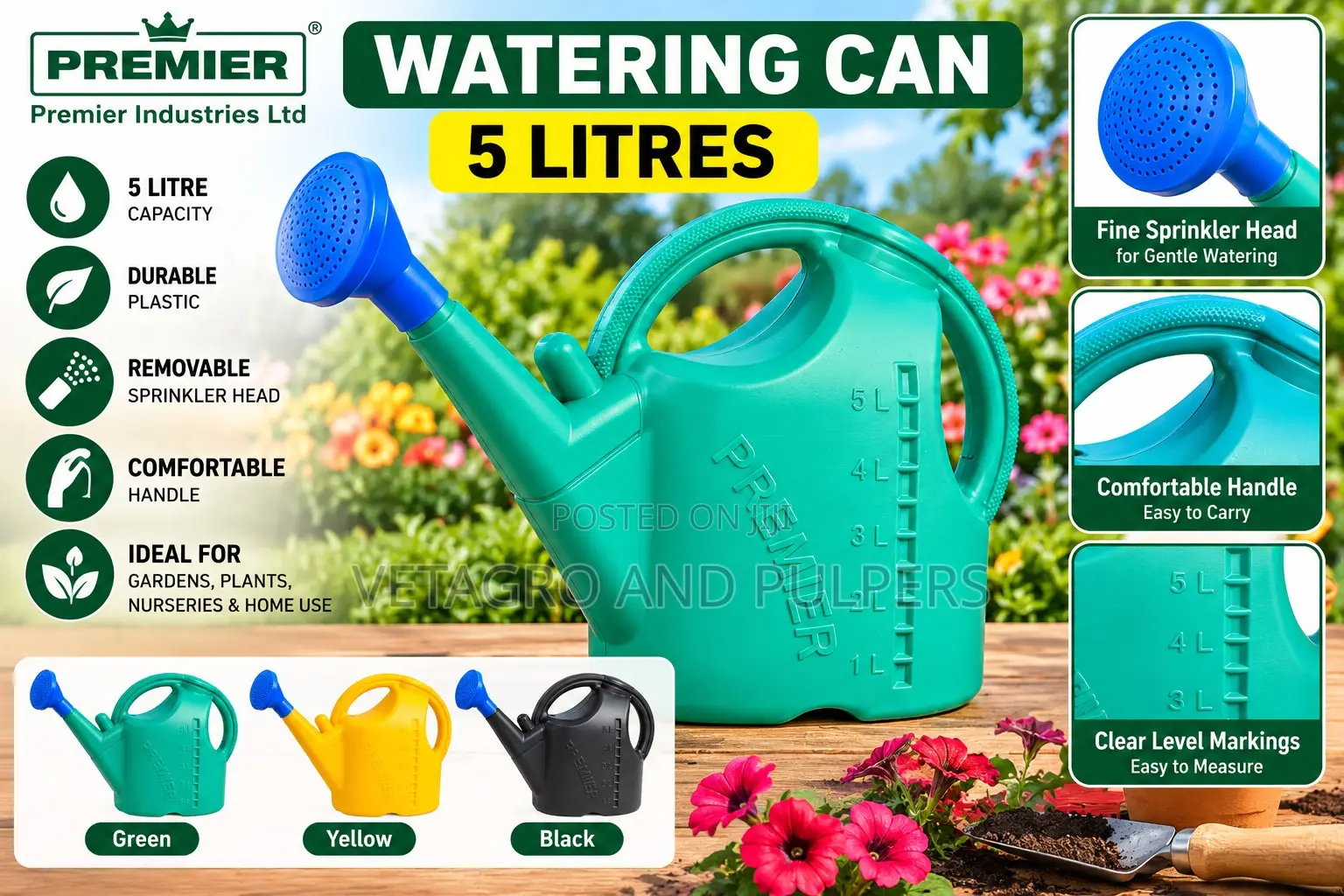 Premier 5L Plastic Watering Can – Garden Plant Watering