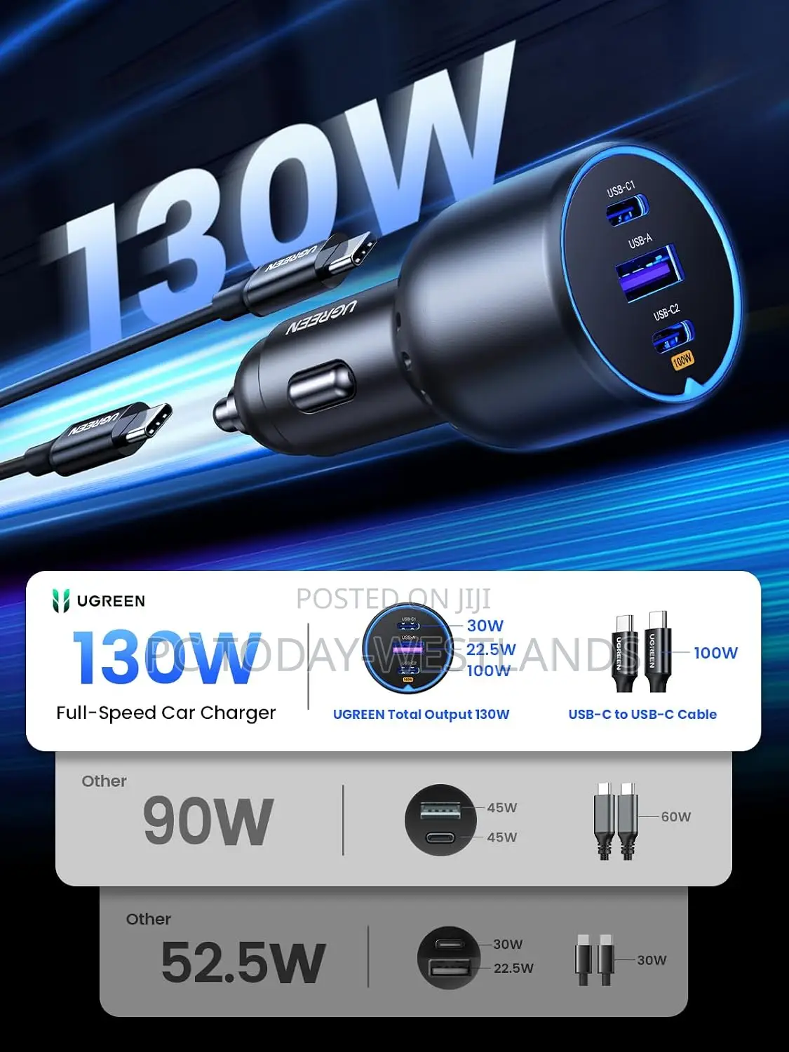 UGREEN 130W USB C Car Charger With Cable, Cigarette Lighter Adapter