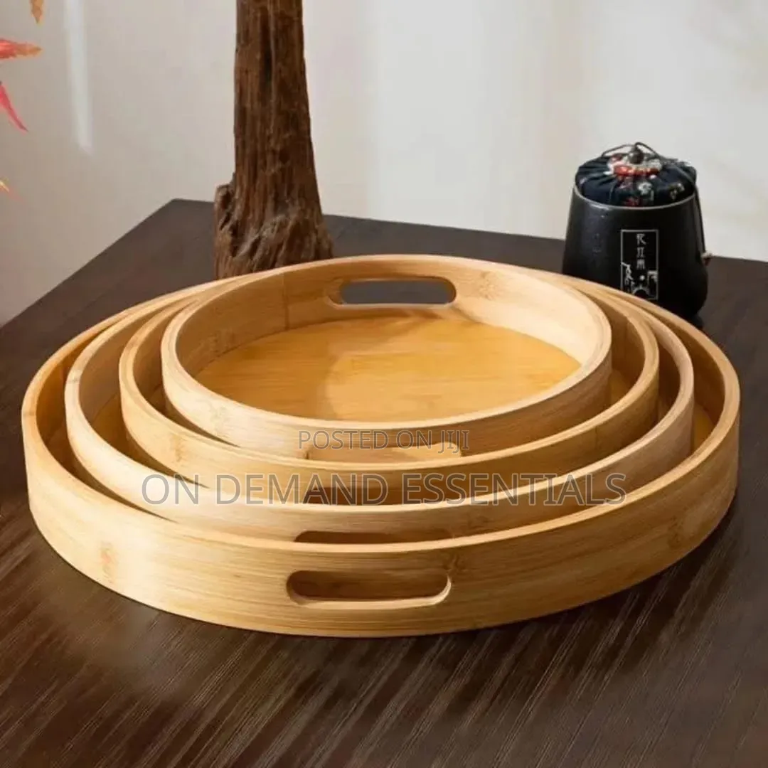 Round Bamboo Serving Trays With Handles - Wooden Trays 25/30/35/40cm