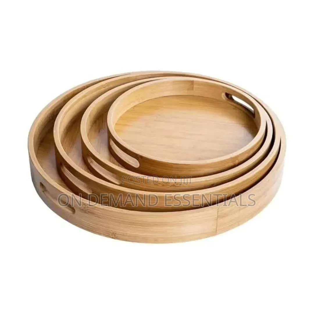 Round Bamboo Serving Trays With Handles - Wooden Trays 25/30/35/40cm