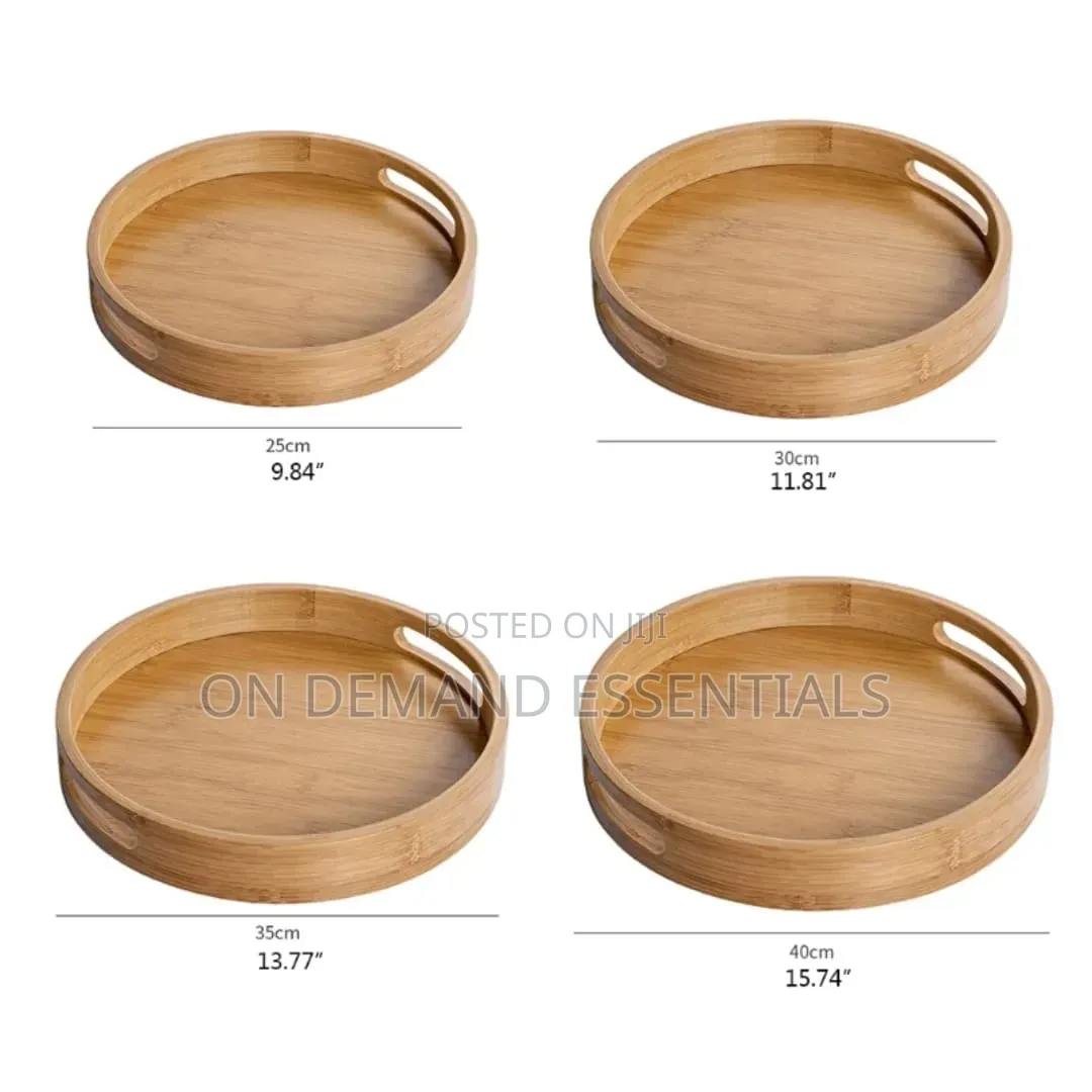 Round Bamboo Serving Trays With Handles - Wooden Trays 25/30/35/40cm