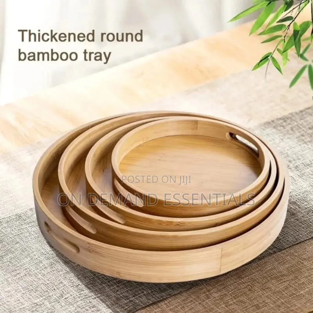 Round Bamboo Serving Trays With Handles - Wooden Trays 25/30/35/40cm