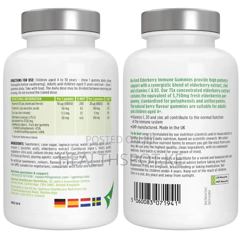 Igennus Elderberry Immune Gummies, Kids 4+, C, D3 & Zinc, 90