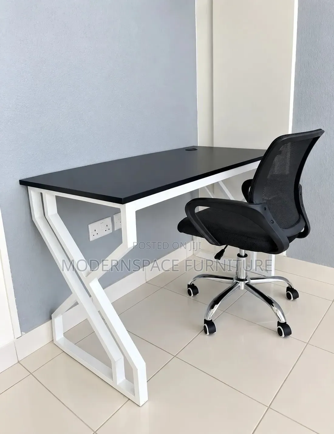 Metallic White Desk + Mesh Office Chair
