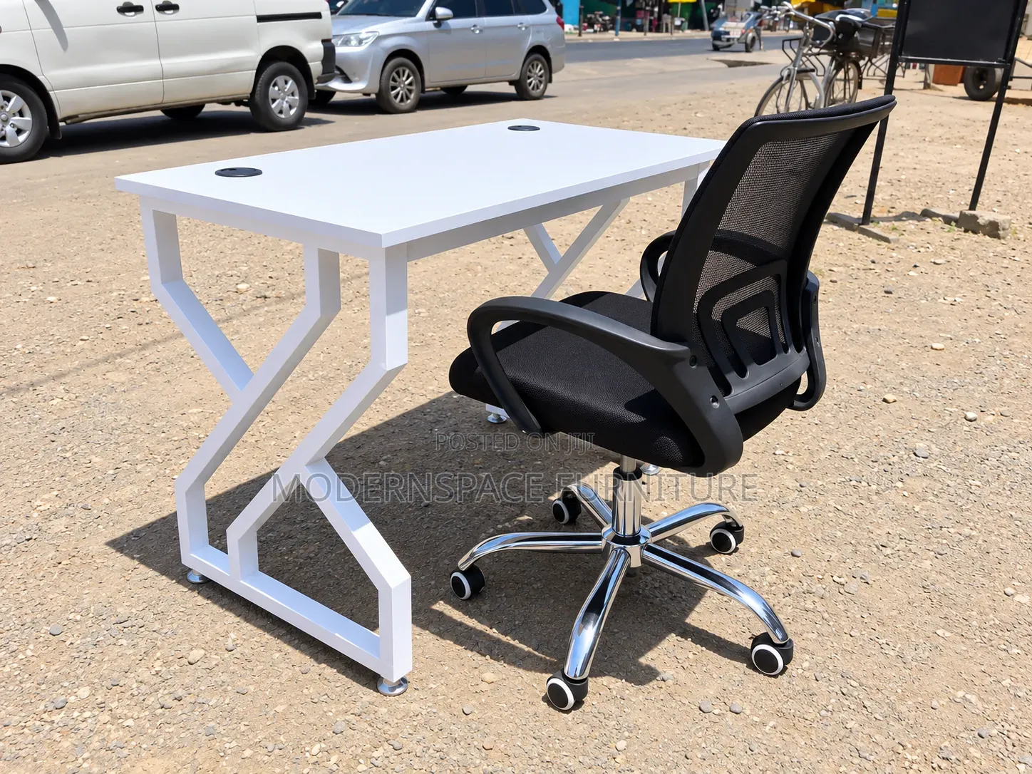 Metallic Office Desk and Mesh Chair