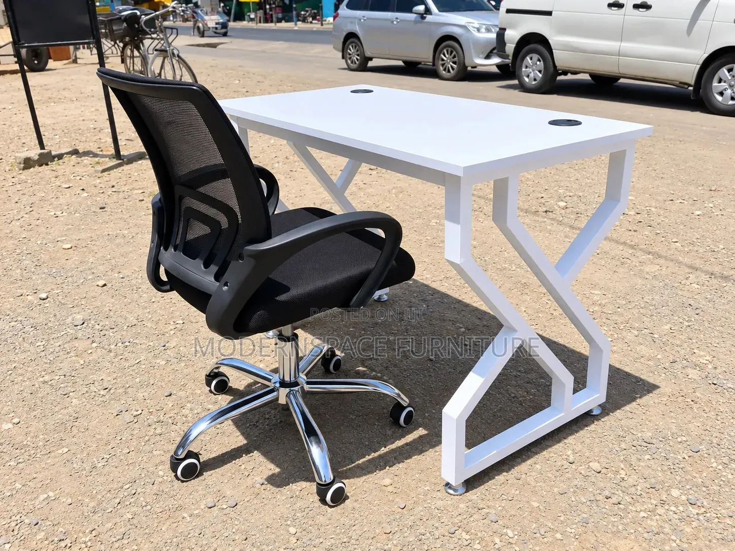 Metallic Office Desk and Mesh Chair