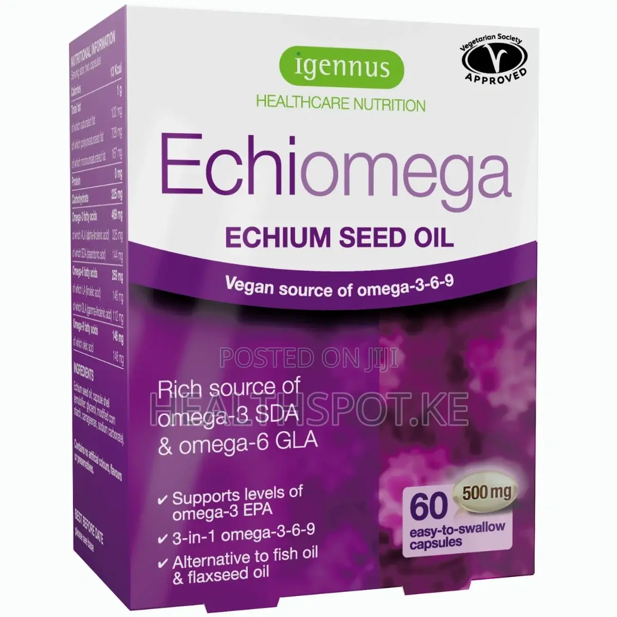 Igennus Echiomega Echium Seed Oil 500mg Vegan Omega-3-6-9, 60 Softgels