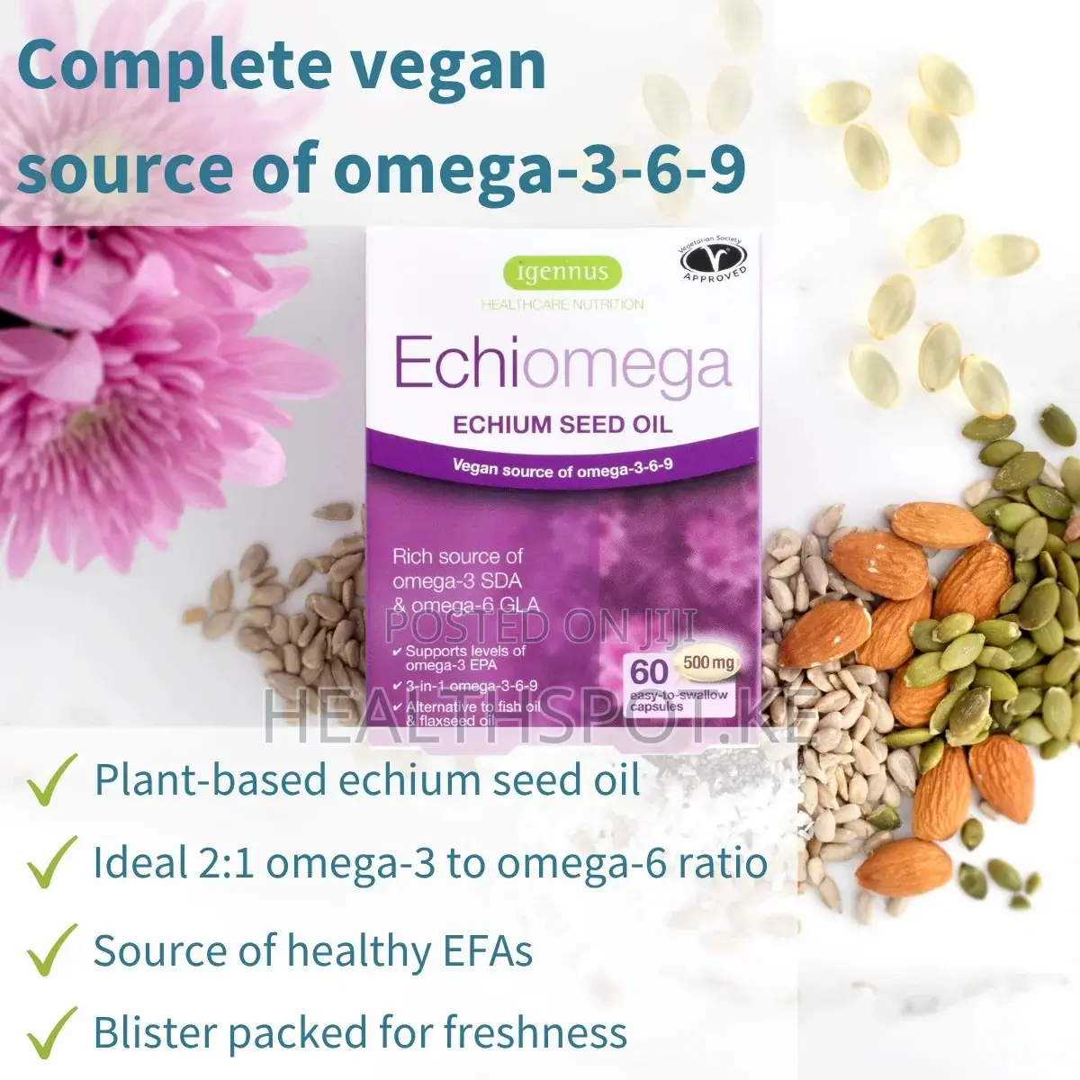 Igennus Echiomega Echium Seed Oil 500mg Vegan Omega-3-6-9, 60 Softgels