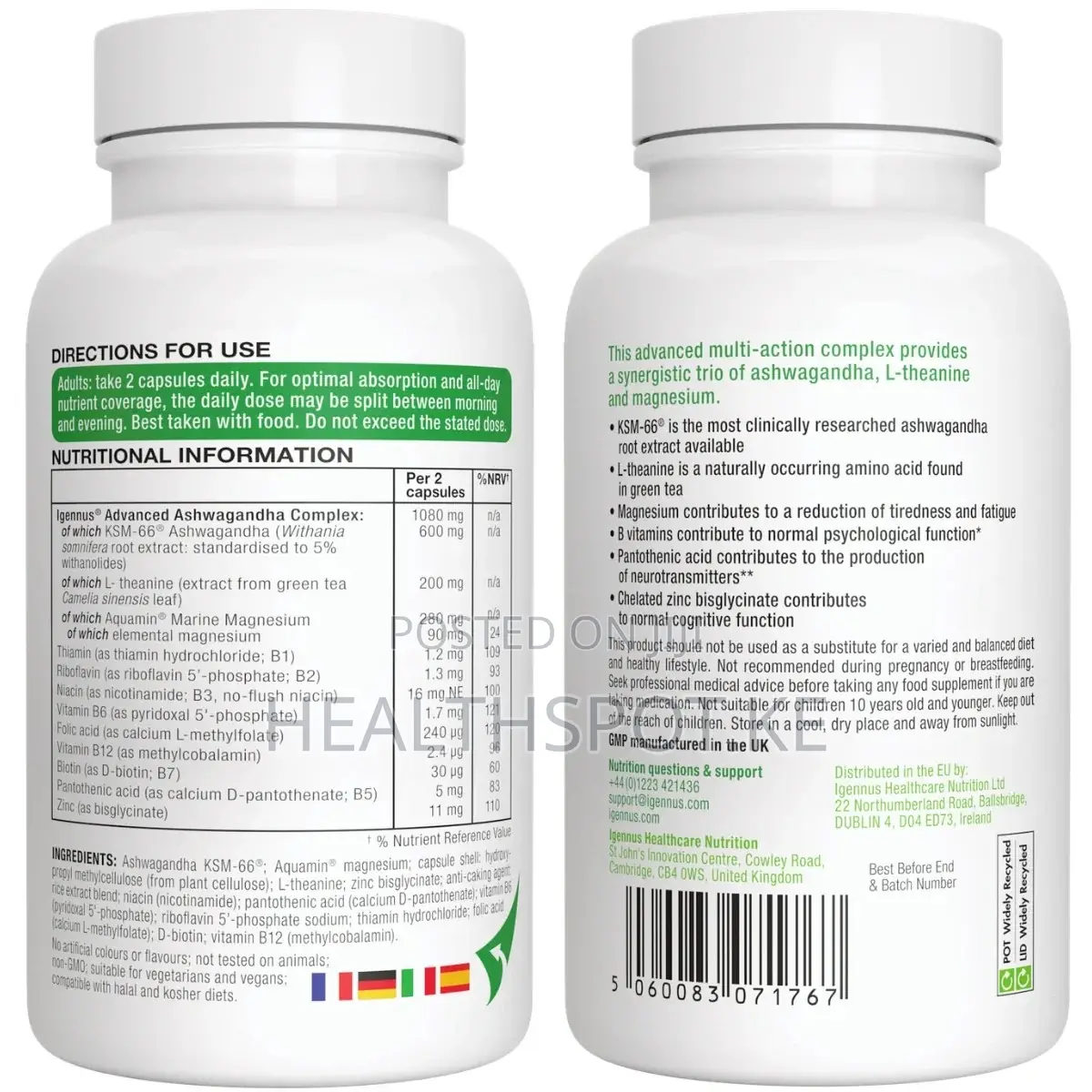 Igennus Ashwagandha KSM-66, L-Theanine & Magnesium, 60 Vegan Capsules