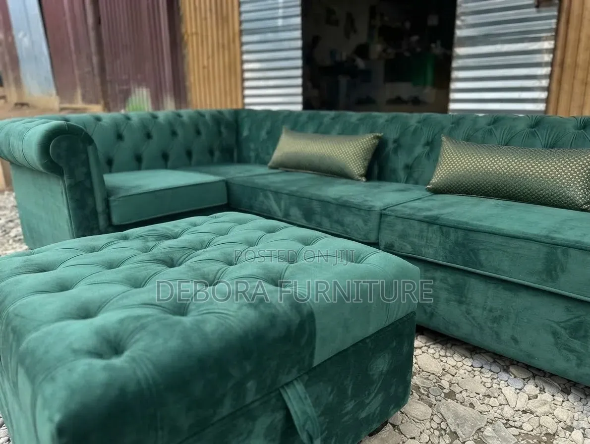 Modern Emerald Green L-Shape Sofa + Stool – 6 Seater