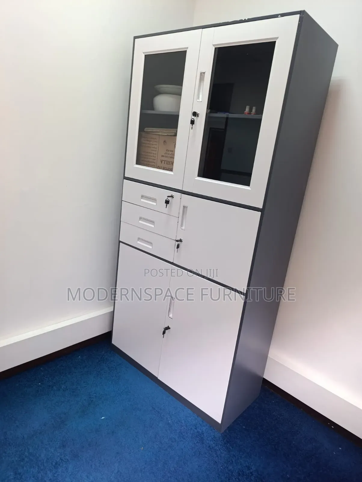 Office Storage Cabinet With Glass Doors & Drawers