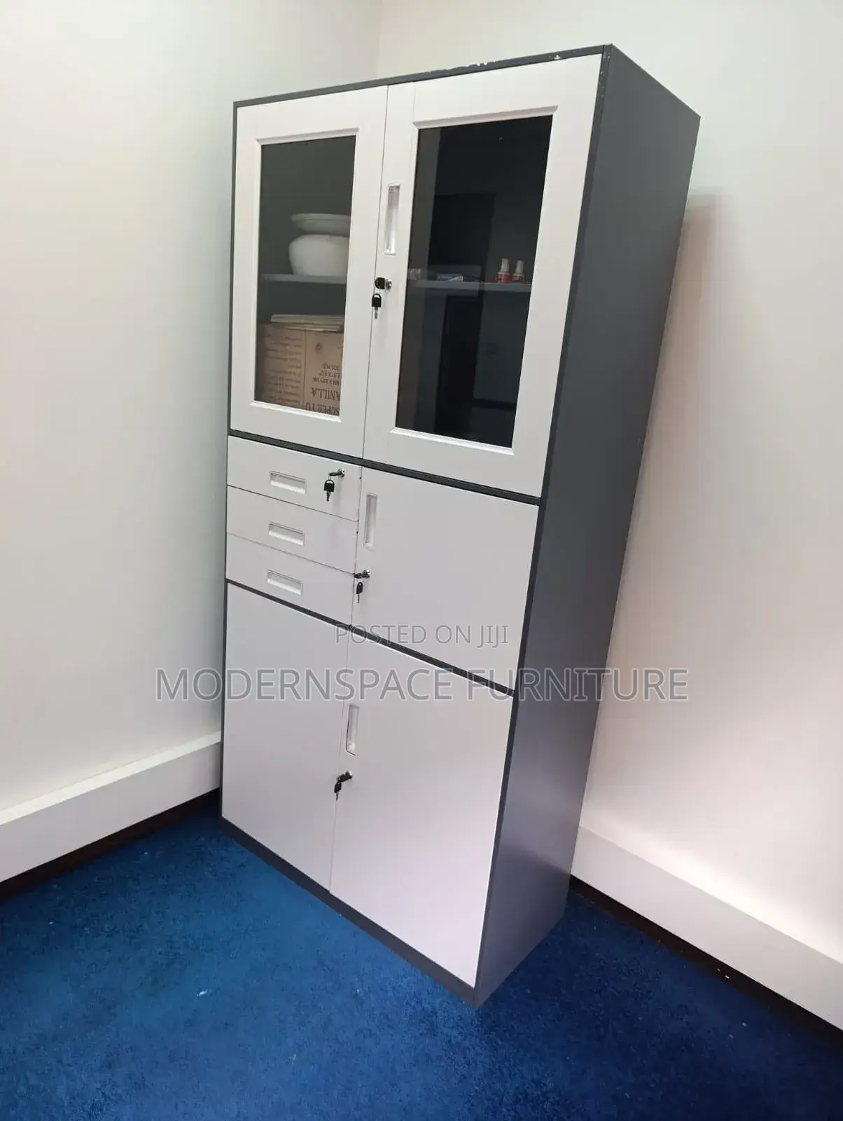 Office Storage Cabinet With Glass Doors & Drawers