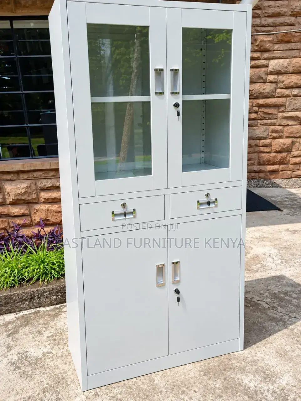Metallic Office Filing Cabinet With Glass Doors & Drawers