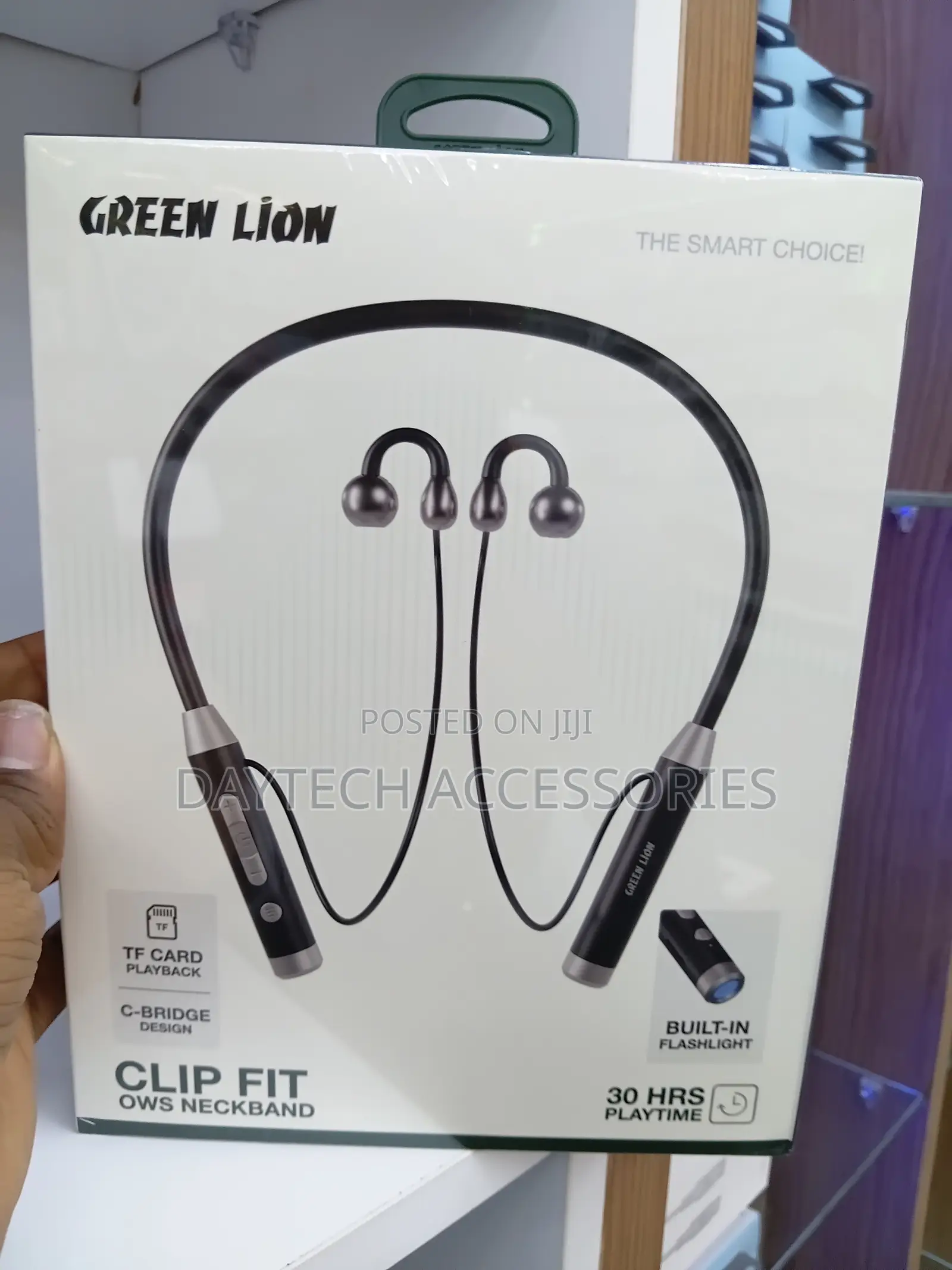 Green Lion Clip Fit OWS Neckband Earphones With a Built-in Flashlight.