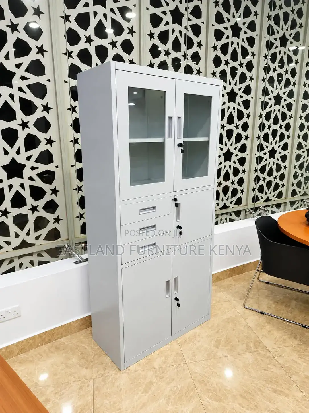 Metallic Office Storage Cabinet - 3-in-1 With Glass Doors, Drawers