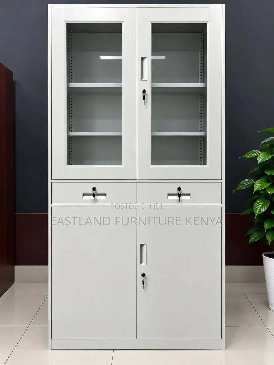 4-Door Metallic Filing Cabinet With Glass Display + 2 Lockable Drawers