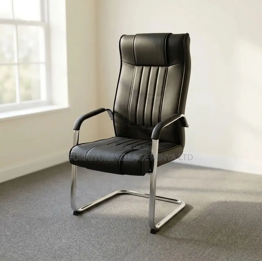 Visitor's Chair; Black Executive Leather Non Swivel Guest Chair