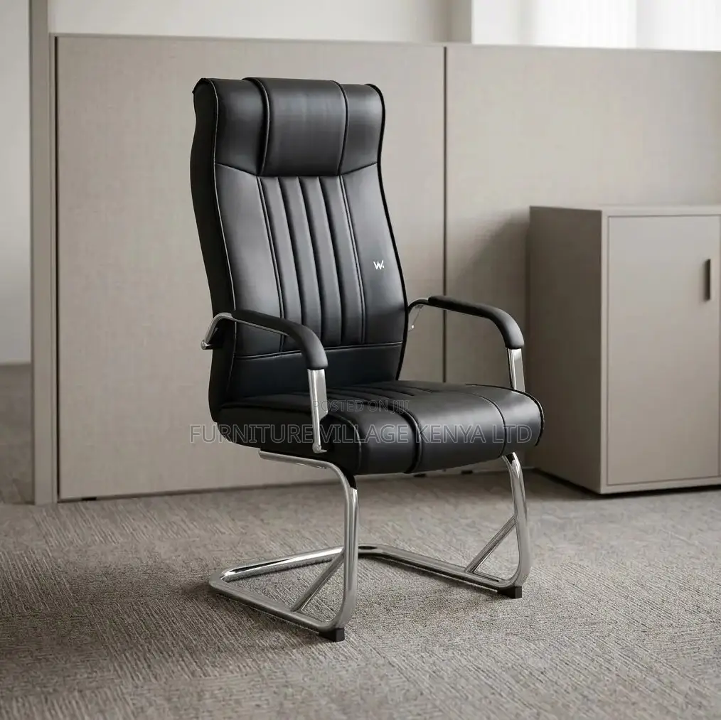 Visitor's Chair; Black Executive Leather Non Swivel Guest Chair