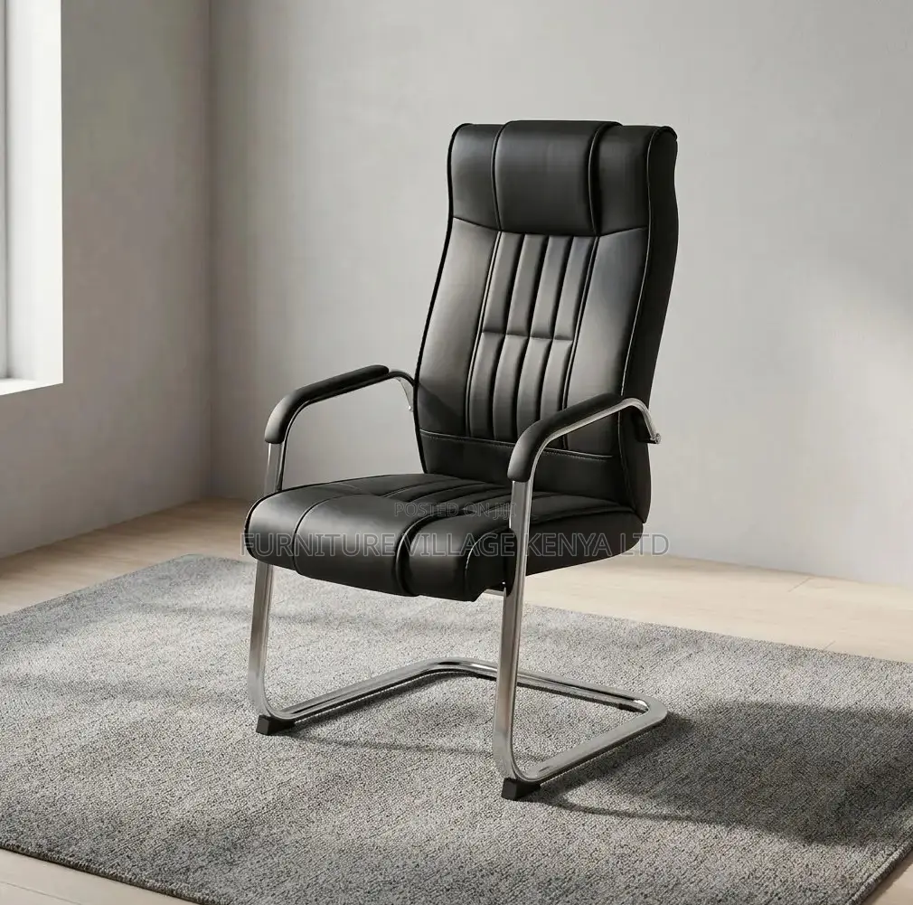 Visitor's Chair; Black Executive Leather Non Swivel Guest Chair