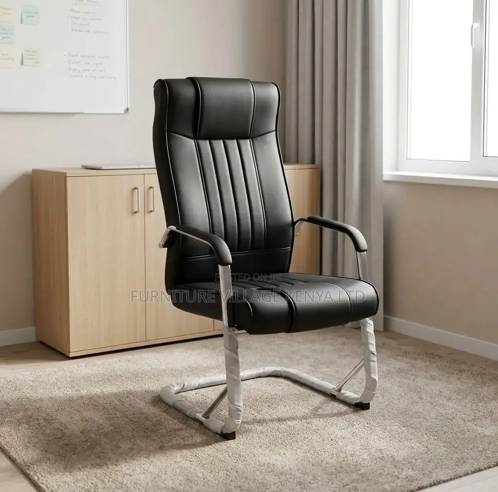 Visitor's Chair; Black Executive Leather Non Swivel Guest Chair