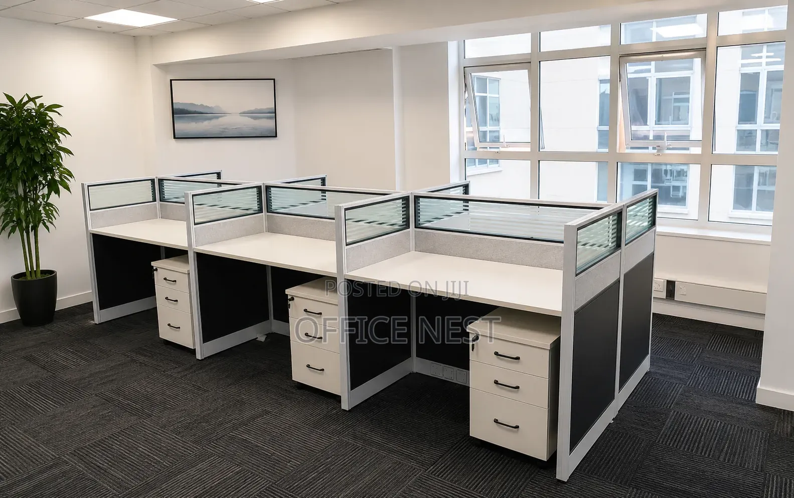 4-Way Cluster Workstation With Privacy Panels & Drawers